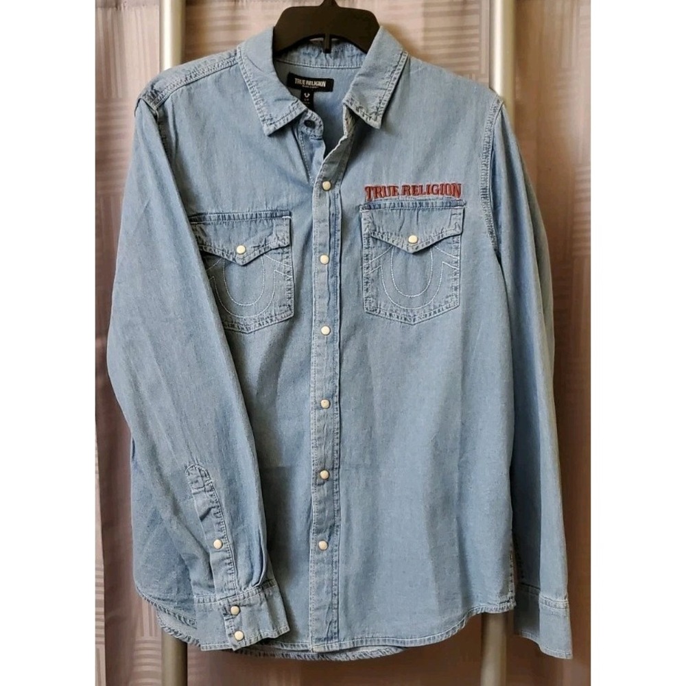 True Religion Denim Chambray Western Shirt Mens Small Pearl Snap Long Sleeve NWT